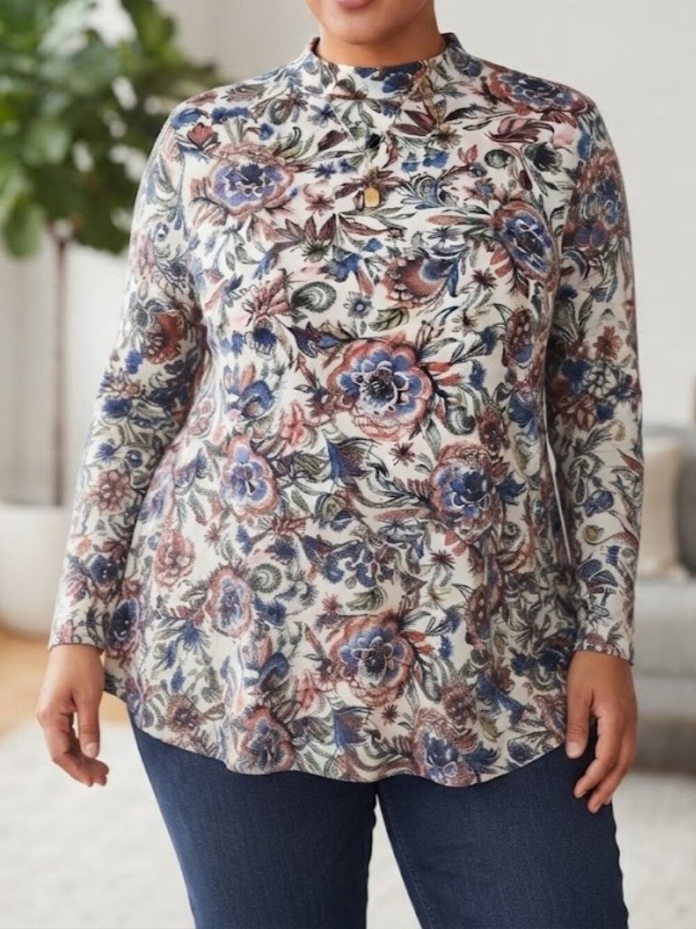 Floral Cowl Turtleneck Long Sleeve Shirt